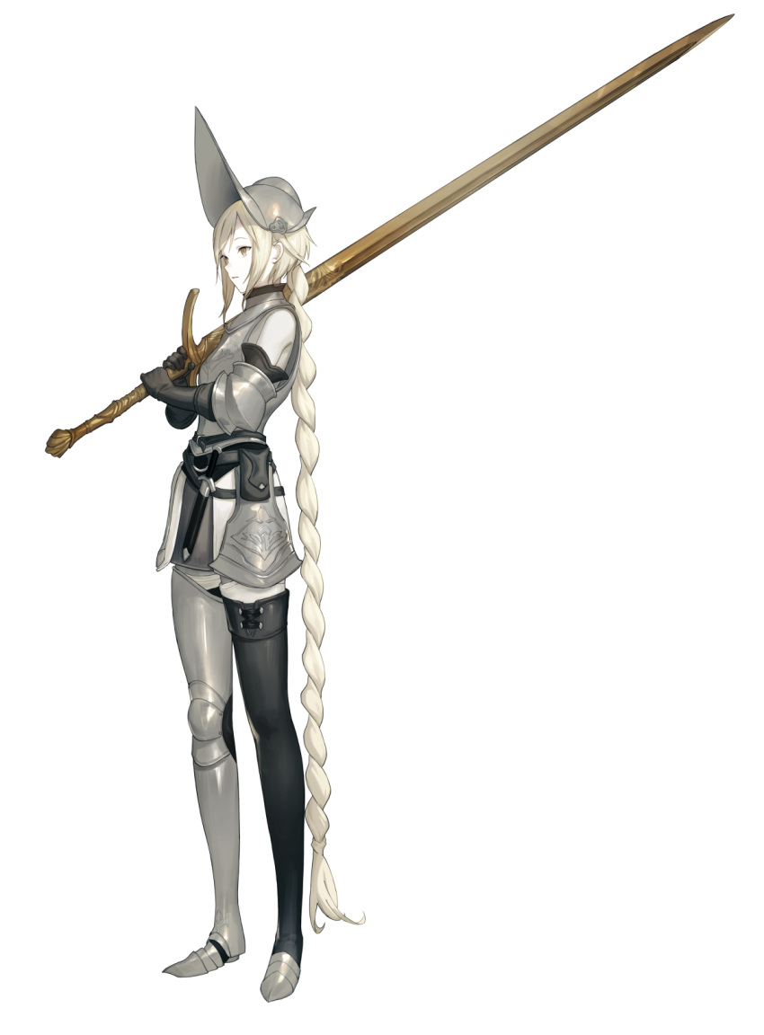 1girl armor armored_boots asymmetrical_legwear black_gloves blonde_hair boots braid breastplate commentary_request faulds full_body gloves helmet highres holding holding_sword holding_weapon km_yama long_hair original over_shoulder plate_armor single_thighhigh solo standing sword thigh-highs thigh_boots very_long_hair weapon weapon_over_shoulder white_background yellow_eyes zweihander