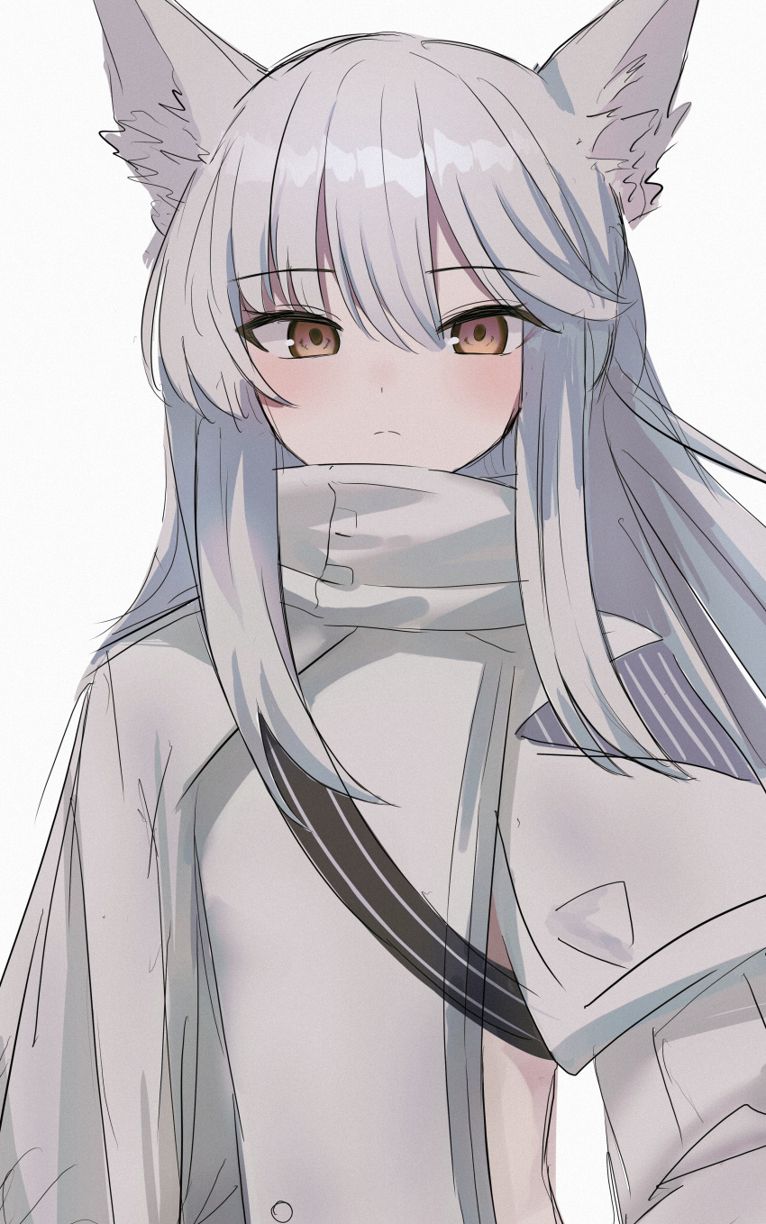 1girl absurdres animal_ear_fluff animal_ears arknights bangs blush brown_eyes closed_mouth eyebrows_visible_through_hair grey_hair high_collar highres horse_ears issei_draw long_hair long_sleeves looking_at_viewer platinum_(arknights) shoulder_strap sidelocks simple_background solo upper_body very_long_hair white_background