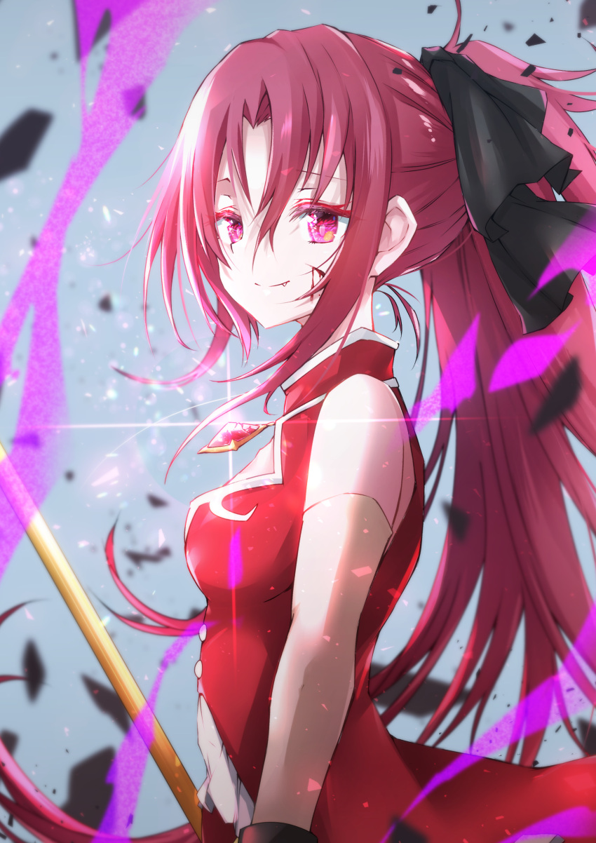 1girl absurdres bangs blood blood_on_face breasts closed_mouth coat detached_sleeves eyebrows_visible_through_hair fang fang_out from_side gem grey_background hair_between_eyes hair_ornament highres long_hair mahou_shoujo_madoka_magica ponytail red_coat red_eyes red_gemstone redhead sakura_kyouko shiny shiny_hair small_breasts smile solo soul_gem sparkle upper_body very_long_hair white_sleeves yanagiba_sakana