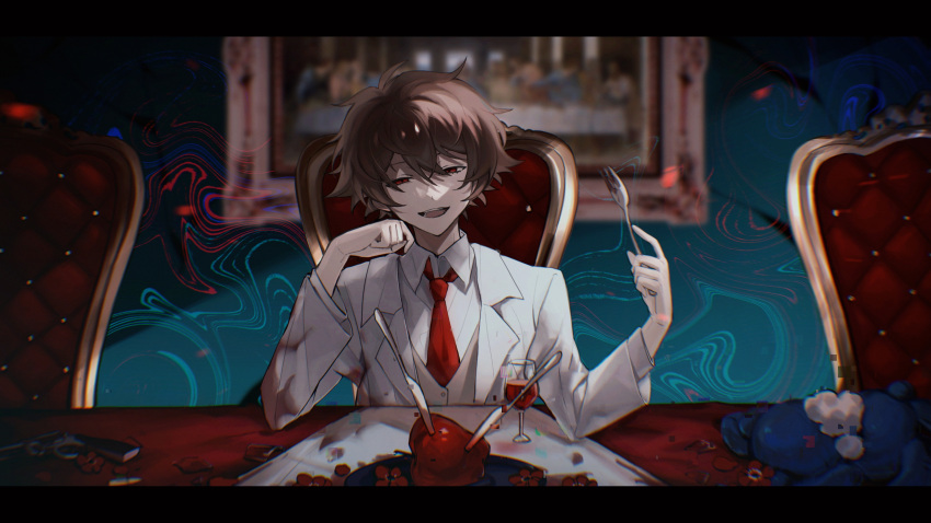 absurdres blood blood_on_clothes brown_hair chair collared_shirt employee_(lobotomy_corporation) fork grin hair_between_eyes highres holding holding_fork holding_utensil indoors jacket knife lobotomy_corporation necktie open_clothes open_jacket open_mouth plate pollity project_moon red_eyes red_necktie shirt short_hair sitting smile solo suit_jacket symbol-only_commentary table utensil vest white_jacket white_shirt yellow_vest