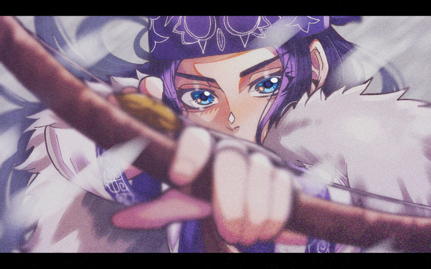 1girl ainu_clothes asirpa bandana blue_bandana blue_eyes blurry blurry_foreground bow_(weapon) golden_kamuy highres holding holding_bow_(weapon) holding_weapon kojiro_0408 looking_at_viewer snowing solo weapon