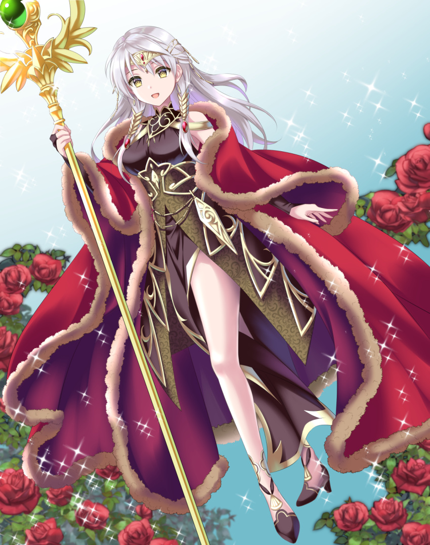 1girl :d bangs bare_legs bare_shoulders black_dress black_gloves bridal_gauntlets circlet coat dress earrings eyebrows_visible_through_hair fire_emblem fire_emblem:_radiant_dawn fire_emblem_cipher fire_emblem_heroes flower full_body gloves gradient gradient_background grey_hair half_updo high_heels highres holding holding_staff jewelry kakiko210 long_hair looking_at_viewer micaiah_(fire_emblem) official_alternate_costume open_mouth red_coat red_flower rose side_slit simple_background sleeveless sleeveless_dress smile solo staff star_(symbol) yellow_eyes