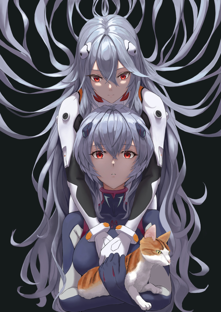 2girls absurdres ayanami_rei black_background blue_hair bodysuit cat dual_persona evangelion:_3.0+1.0_thrice_upon_a_time highres long_hair multiple_girls neon_genesis_evangelion plugsuit rebuild_of_evangelion red_eyes simple_background vincent_ky