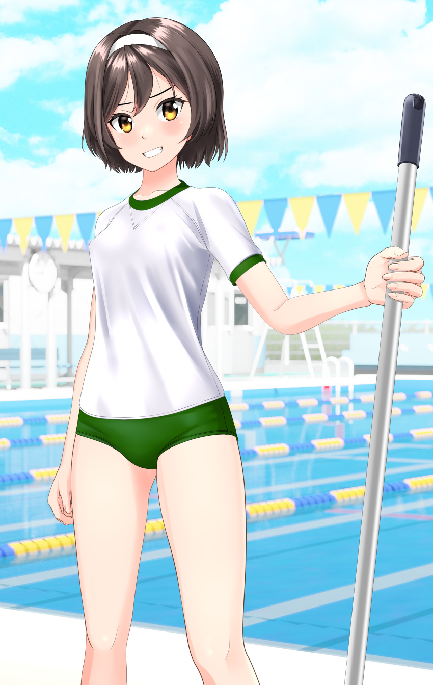 1girl absurdres black_hair blue_sky buruma clouds commentary_request cowboy_shot day fantia_commission feet_out_of_frame green_buruma grin gym_shirt gym_uniform hairband highres kantai_collection lane_line looking_at_viewer mop outdoors pool shirt short_hair sky smile solo string_of_flags t-shirt takafumi tanikaze_(kancolle) white_hairband white_shirt yellow_eyes