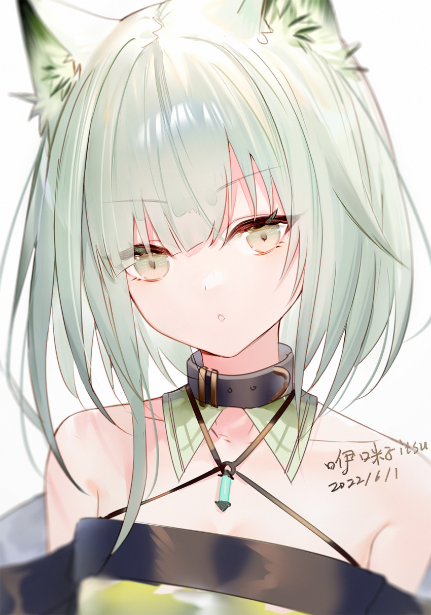 1girl :o animal_ear_fluff animal_ears arknights bare_shoulders buckle cat_ears collar collarbone dated dress green_dress grey_hair halter_dress halterneck head_tilt highres kal'tsit_(arknights) looking_at_viewer ookamisama parted_lips short_hair signature simple_background solo upper_body white_background yellow_eyes