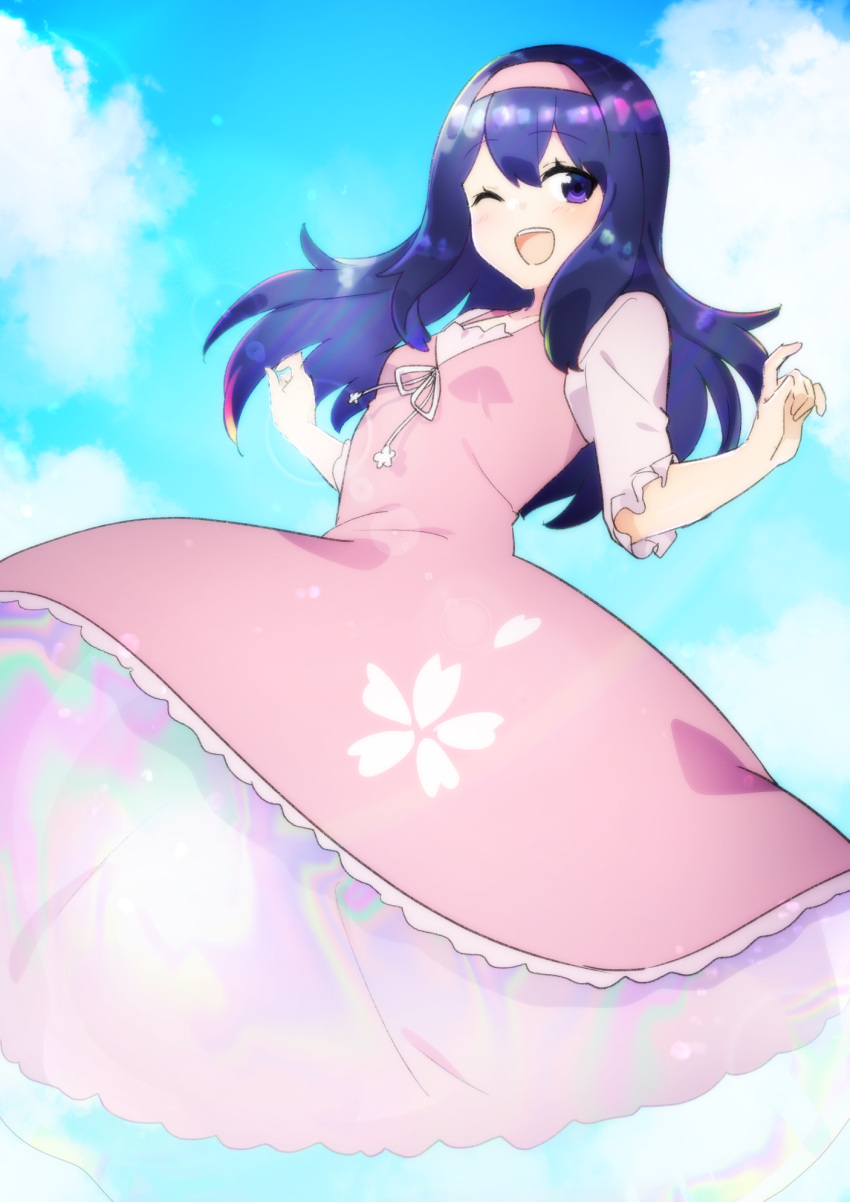 1girl ;d bangs blue_hair blue_sky breasts clouds copyright_request day dress eyebrows_visible_through_hair hair_between_eyes hairband highres kitasaya_ai long_hair long_sleeves looking_at_viewer one_eye_closed outdoors pink_dress pink_hairband pink_shirt shirt sky sleeveless sleeveless_dress small_breasts smile solo very_long_hair violet_eyes virtual_youtuber