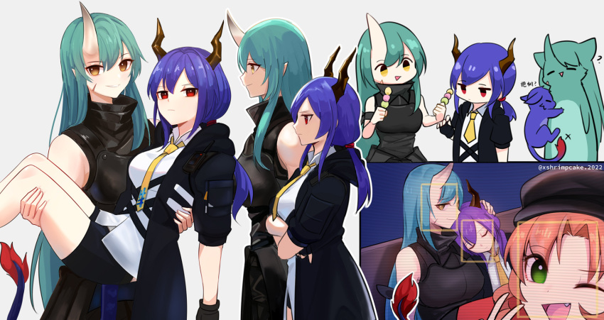 3girls arknights black_headwear blonde_hair blue_hair breasts carrying carrying_person ch'en_(arknights) closed_mouth crossed_arms dango dragon_girl dragon_horns dragon_tail eyebrows_visible_through_hair fang fingerless_gloves food gloves green_hair highres horns hoshiguma_(arknights) long_hair multiple_girls necktie one_eye_closed oni oni_horns single_horn sleeping sleeping_on_person sleeveless supershrimpcakes swire_(arknights) symbol-only_commentary tail translation_request twitter_username v wagashi yellow_necktie