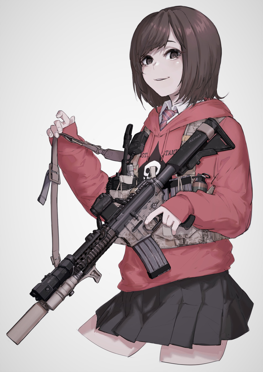 1girl absurdres alma01 bangs black_skirt blush brown_eyes brown_hair collared_shirt eyebrows_behind_hair grey_background gun highres holding holding_gun holding_weapon hood hoodie looking_at_viewer necktie open_mouth real_life red_hoodie red_necktie shirt short_hair skirt sleeves_past_wrists solo weapon white_shirt
