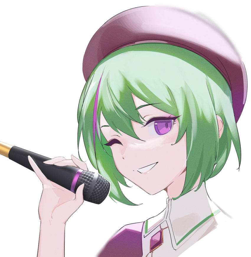 1girl green_hair hand_up hat holding holding_microphone indie_virtual_youtuber looking_at_viewer microphone milim_nova multicolored_hair one_eye_closed short_hair simple_background smile solo streaked_hair terumi_koizumi violet_eyes white_background