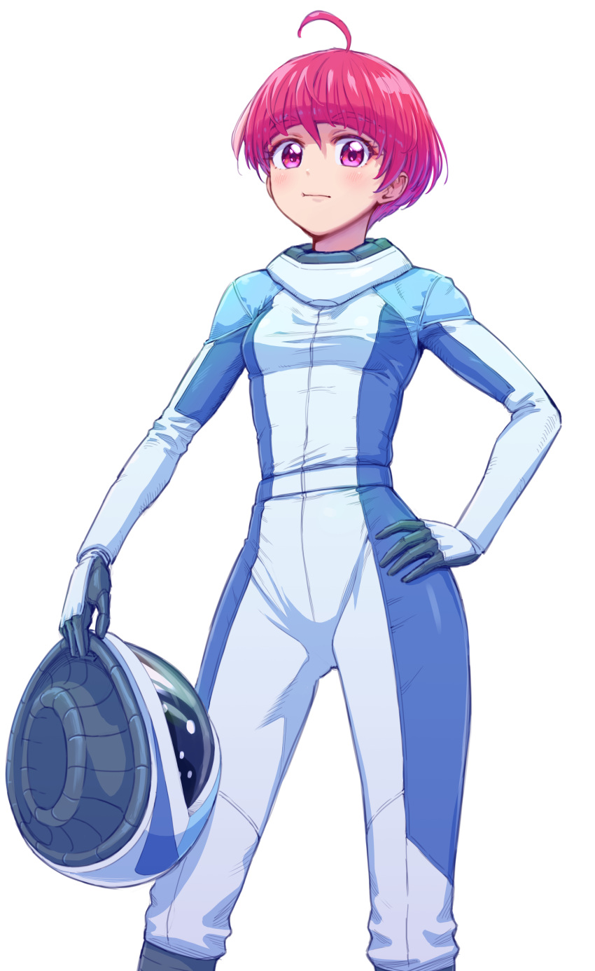 1girl absurdres ahoge astronaut bangs blunt_bangs bob_cut closed_mouth eyebrows_visible_through_hair hair_between_eyes hand_on_hip helmet highres holding holding_helmet hoshina_hikaru itou_shin'ichi pilot_suit precure red_eyes redhead shiny shiny_hair short_hair simple_background solo space_helmet spoilers standing star_twinkle_precure white_background