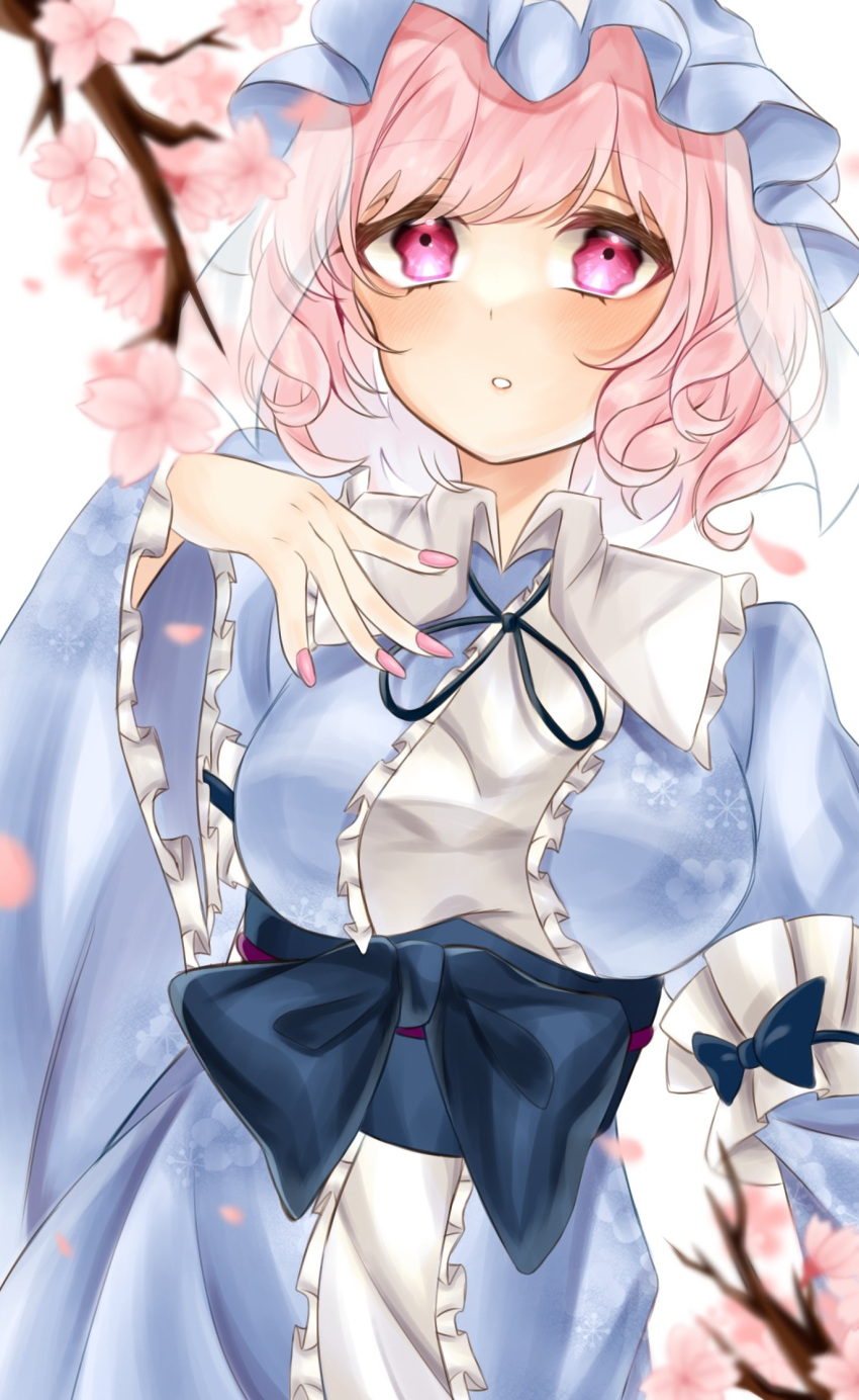 1girl blue_headwear blue_kimono blue_ribbon blue_sash blush branch breasts commentary_request flower frilled_kimono frilled_sleeves frills hand_on_own_chest hat highres japanese_clothes kimono large_breasts long_sleeves mob_cap neck_ribbon outdoors parted_lips pink_eyes pink_flower pink_hair ribbon saigyouji_yuyuko sash short_hair sleeve_garter solo touhou user_cwdk5483 wavy_hair wide_sleeves