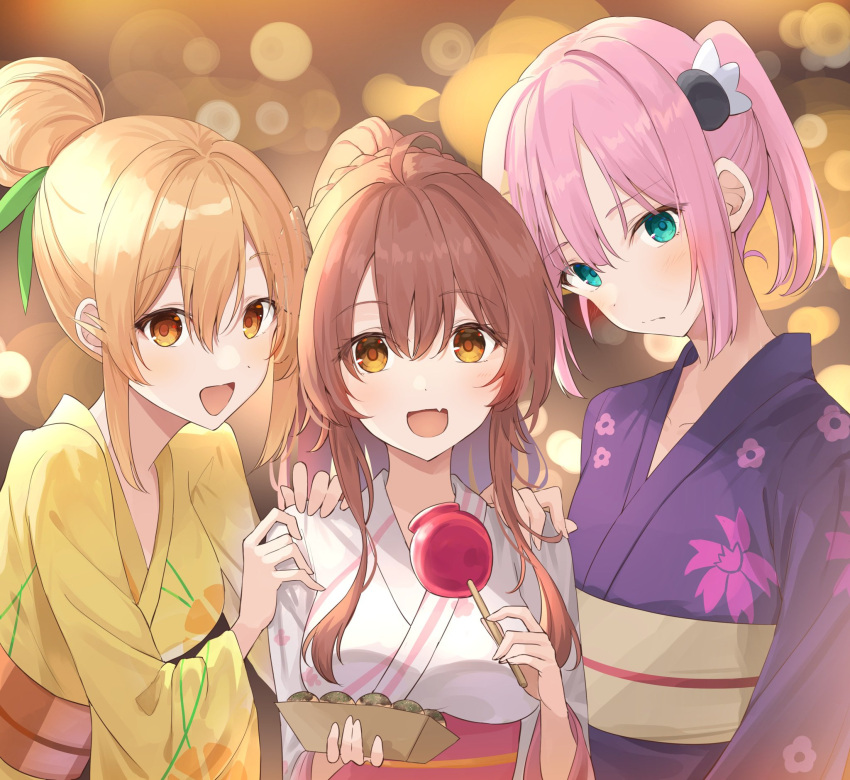 3girls :d blonde_hair brown_eyes chiyoda_momo eyebrows_visible_through_hair floral_print food green_eyes hair_ornament highres hinatsuki_mikan holding holding_food japanese_clothes kanaria_hisagi kimono long_hair looking_at_viewer machikado_mazoku multiple_girls obi pink_hair print_kimono purple_kimono redhead sash short_hair smile white_kimono yellow_kimono yoshida_yuuko_(machikado_mazoku)