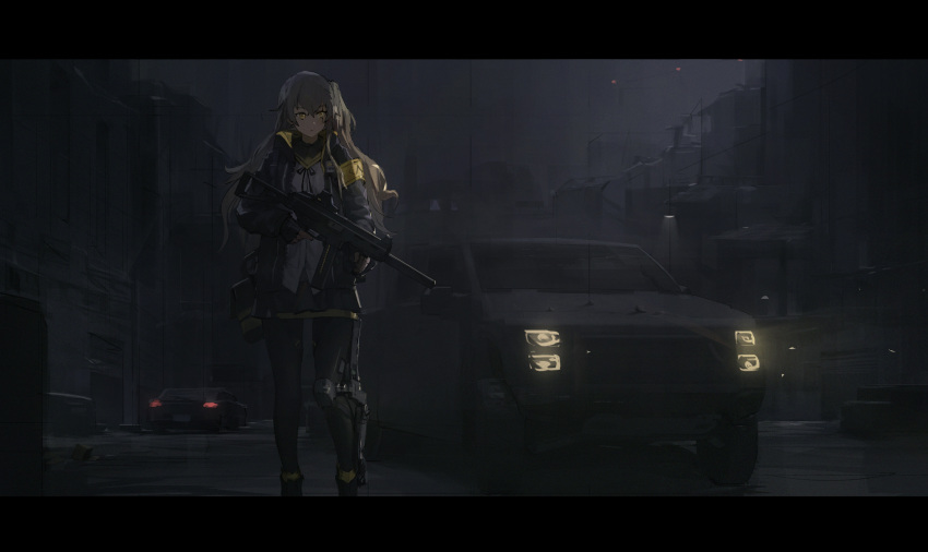 1girl armband bangs black_jacket black_legwear brown_eyes brown_hair building car commentary fingerless_gloves girls_frontline gloves ground_vehicle gun highres holding holding_gun holding_weapon jacket letterboxed long_hair motor_vehicle night one_side_up open_clothes open_jacket outdoors pantyhose pickup_truck scar scar_across_eye scar_on_face solo submachine_gun truck ump45_(girls'_frontline) weapon xumi
