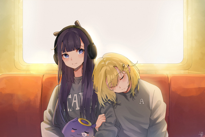 2girls absurdres arm_hug blonde_hair closed_eyes headphones highres hololive hololive_english long_hair lucferz multiple_girls ninomae_ina'nis nose_bubble purple_hair sleeping sleeping_on_person sweatshirt tako_(ninomae_ina'nis) train_interior watson_amelia