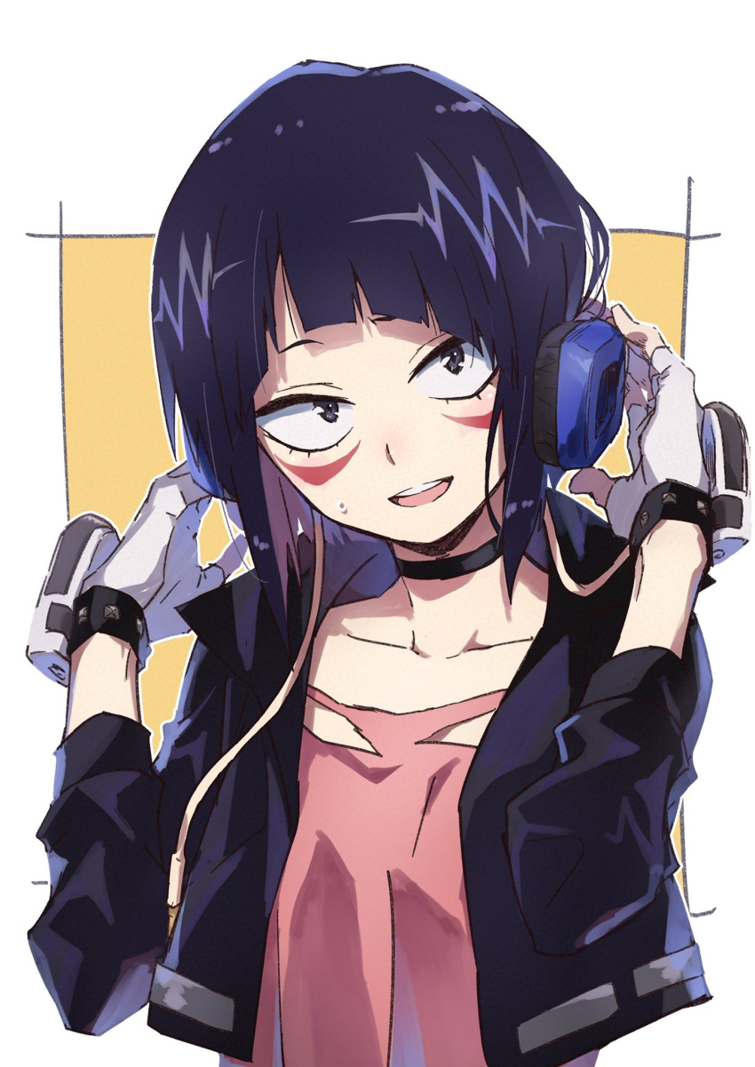 1girl :d audio_jack bangs black_hair black_jacket boku_no_hero_academia brown_background commentary_request facial_mark fingerless_gloves gloves hands_on_headphones hands_up headphones highres jacket jirou_kyouka long_sleeves looking_at_viewer multicolored_hair open_clothes open_jacket pink_hair pink_shirt puffy_long_sleeves puffy_sleeves shirt smile solo sweat tama_(tama-s) teeth two-tone_background two-tone_hair upper_body upper_teeth white_background white_gloves