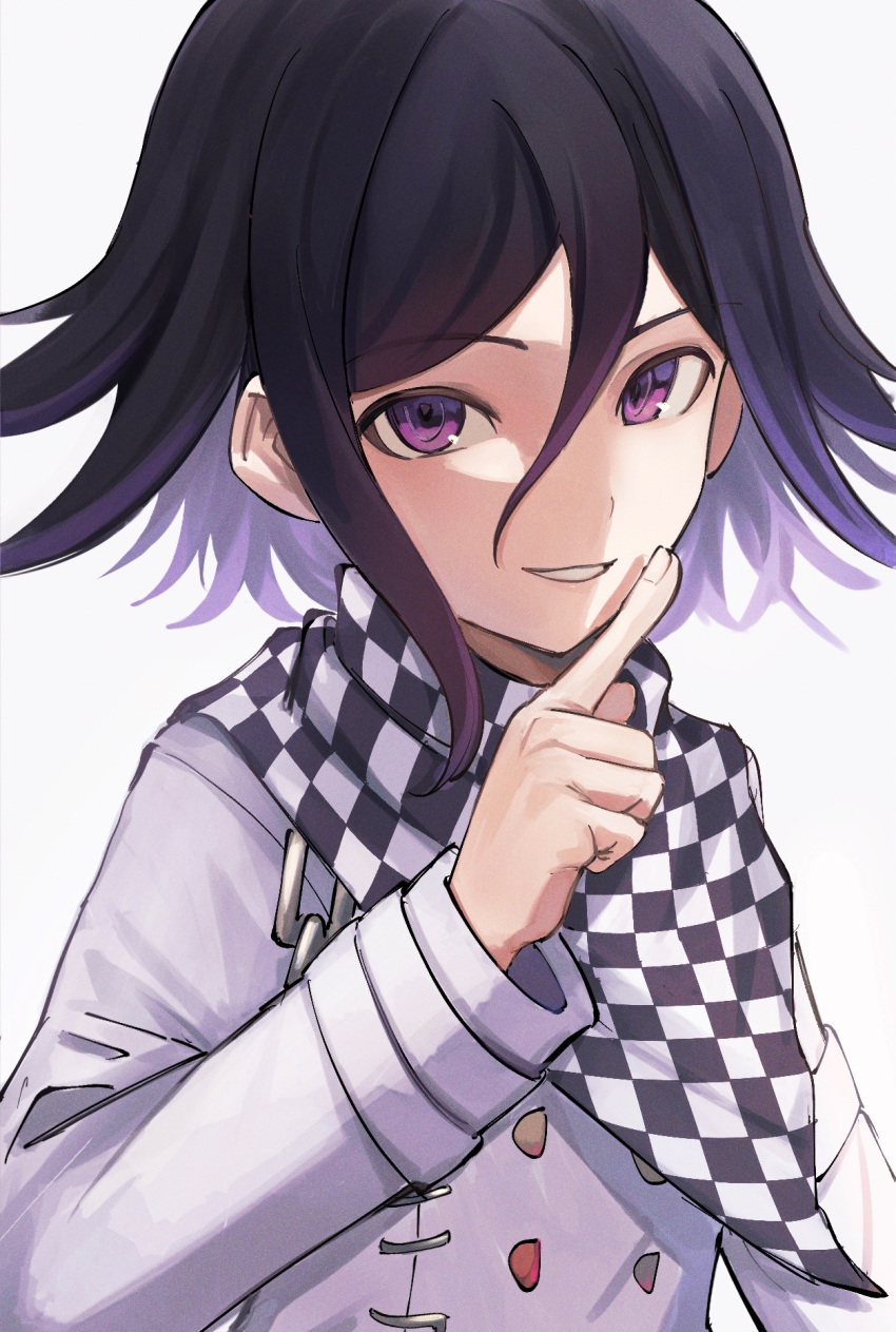 1boy bangs black_hair bojue_(hakus_1128) buttons checkered_clothes checkered_scarf danganronpa_(series) danganronpa_v3:_killing_harmony flipped_hair grey_background grey_jacket hair_between_eyes hand_up highres index_finger_raised jacket long_sleeves male_focus medium_hair multicolored_hair ouma_kokichi parted_lips pink_eyes pink_hair scarf simple_background smile solo teeth two-tone_hair