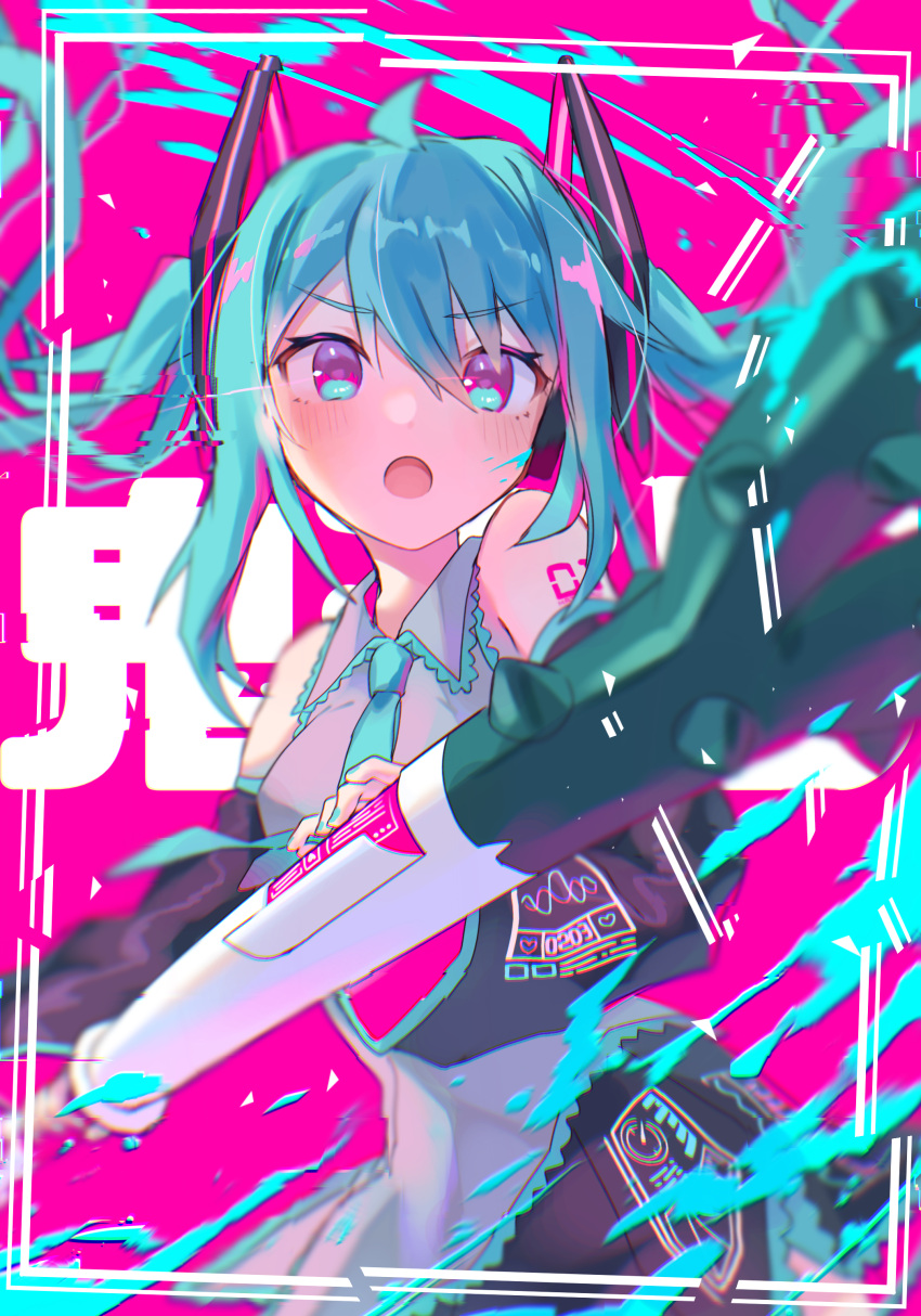 1girl :o absurdres ahoge bangs bare_shoulders blue_hair collared_vest gradient_eyes hair_ribbon hatsune_miku highres holding kurobikari multicolored_eyes nail_polish necktie pink_background ribbon skirt solo twintails vest vocaloid wide_sleeves