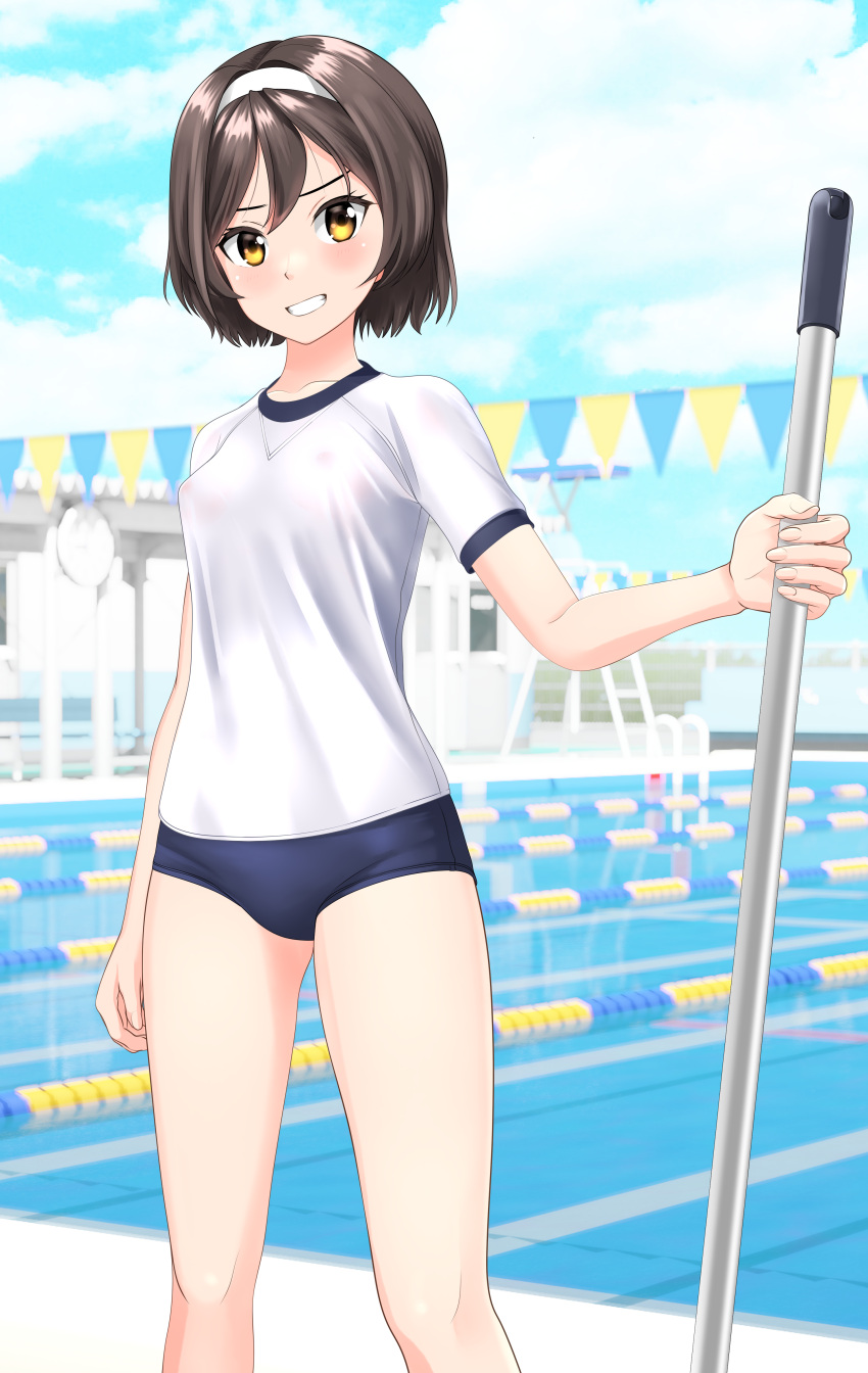 1girl absurdres black_buruma black_hair blue_sky buruma clouds commentary_request cowboy_shot day fantia_commission feet_out_of_frame grin gym_shirt gym_uniform hairband highres kantai_collection lane_line looking_at_viewer mop outdoors pool shirt short_hair sky smile solo string_of_flags t-shirt takafumi tanikaze_(kancolle) white_hairband white_shirt yellow_eyes