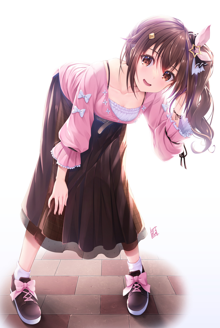 1girl absurdres bangs bent_over blush bow bra_strap brown_eyes brown_footwear brown_hair brown_skirt closed_mouth footwear_bow frilled_sleeves frills full_body hair_between_eyes hair_ornament hair_ribbon highres hololive kamishiro_mai_(capti-no) long_hair long_skirt long_sleeves looking_at_viewer pink_bow pink_ribbon pink_shirt ribbon shirt shoes side_ponytail skirt smile solo standing star_(symbol) star_hair_ornament tokino_sora virtual_youtuber