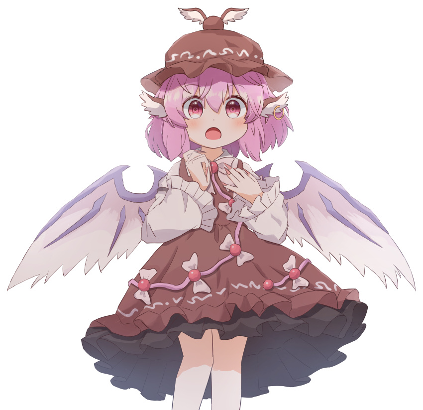 1girl absurdres animal_ears bird_ears bird_wings blush bow brown_dress brown_eyes brown_headwear collared_shirt coruthi dress dress_bow earrings eyebrows_visible_through_hair feathered_wings feet_out_of_frame fingernails frilled_dress frilled_sleeves frills hair_between_eyes hat highres jewelry long_fingernails long_sleeves mystia_lorelei nail_polish open_mouth pinafore_dress pink_bow pink_eyes pink_hair pink_nails sharp_fingernails shirt short_hair simple_background single_earring solo touhou white_background white_shirt white_wings winged_hat wings