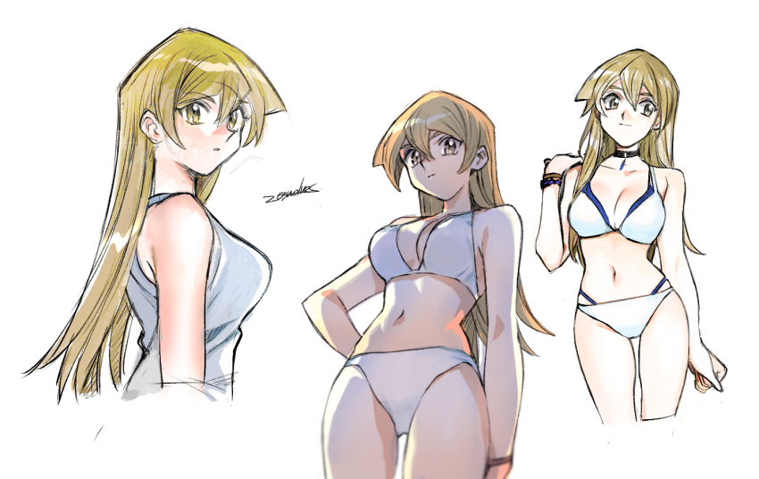 1girl 203wolves bikini blonde_hair bracelet breasts brown_eyes closed_mouth gloves hair_between_eyes jewelry large_breasts long_hair looking_at_viewer navel shirt simple_background smile solo swimsuit tenjouin_asuka yellow_eyes yu-gi-oh! yu-gi-oh!_gx