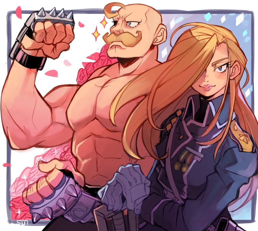 1boy 1girl ahoge alex_louis_armstrong bald blonde_hair blue_coat blue_eyes blush bouquet brother_and_sister closed_mouth coat facial_hair flower fullmetal_alchemist gloves hair_over_one_eye handlebar_mustache highres holding long_hair long_sleeves looking_at_viewer muscular muscular_male mustache olivier_mira_armstrong one_eye_covered red_flower red_rose rose siblings signature smile sparkle sui_(suizilla) topless_male uniform white_gloves