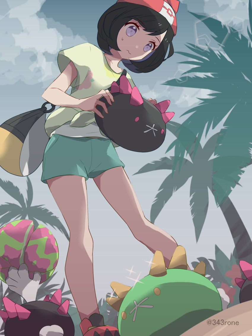 1girl 343rone absurdres alternate_color bag bare_legs beanie black_hair closed_mouth clouds commentary_request day eyelashes from_below green_shorts hat highres holding holding_pokemon looking_down outdoors overcast palm_tree pokemon pokemon_(creature) pokemon_(game) pokemon_sm pyukumuku selene_(pokemon) shiny_pokemon shirt shoes short_hair short_sleeves shorts sky sparkle standing sweatdrop tied_shirt tree twitter_username violet_eyes yellow_shirt