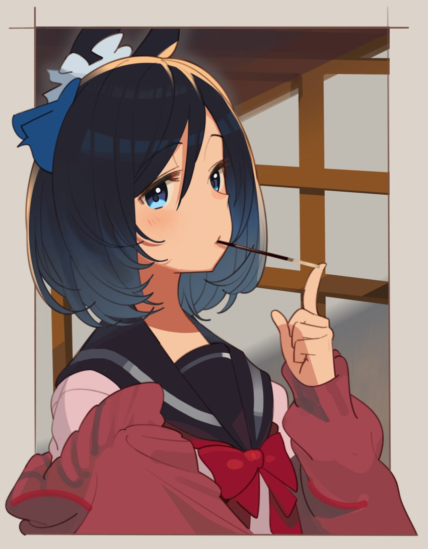 1girl alternate_costume animal_ears ashinowoto bangs black_hair blue_eyes blush bow bowtie eishin_flash_(umamusume) hand_up highres horse_ears index_finger_raised jacket looking_at_viewer mouth_hold official_art pocket red_bow red_bowtie red_jacket sailor_collar shirt solo umamusume upper_body white_shirt
