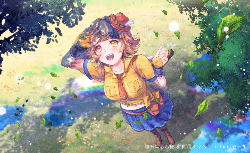 1girl :d arm_up bangs blue_hair blue_skirt blurry blurry_background boots branch breasts bridal_gauntlets brown_footwear brown_hair collarbone collared_shirt commentary_request day depth_of_field falling_leaves from_above grass hat heterochromia indie_virtual_youtuber ittokyu kiseki_horn leaf looking_away looking_up medium_breasts midriff mini_hat multicolored_hair navel necktie official_art outdoors pleated_skirt puddle red_eyes red_headwear red_necktie shading_eyes shirt short_sleeves skirt smile solo tied_shirt tilted_headwear translation_request two-tone_hair virtual_youtuber water yellow_eyes yellow_shirt