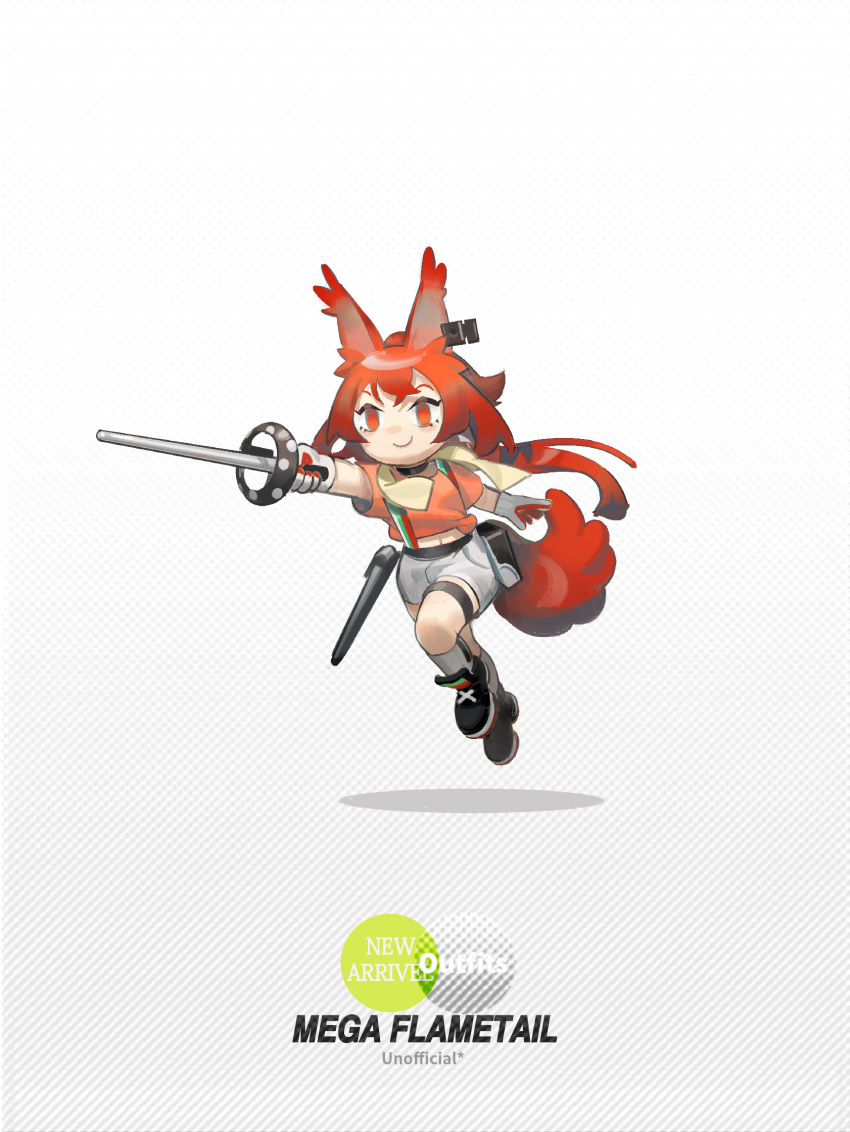 1girl animal_ears arknights black_choker black_footwear boots character_name choker commentary crop_top english_commentary flametail_(arknights) flametail_(sport_for_all)_(arknights) grey_legwear grey_shorts highres holding holding_sword holding_weapon kneehighs looking_at_viewer midriff navel norizc official_alternate_costume orange_eyes orange_shirt rapier redhead shirt short_hair short_shorts short_sleeves shorts smile solo sword tail thigh_strap weapon