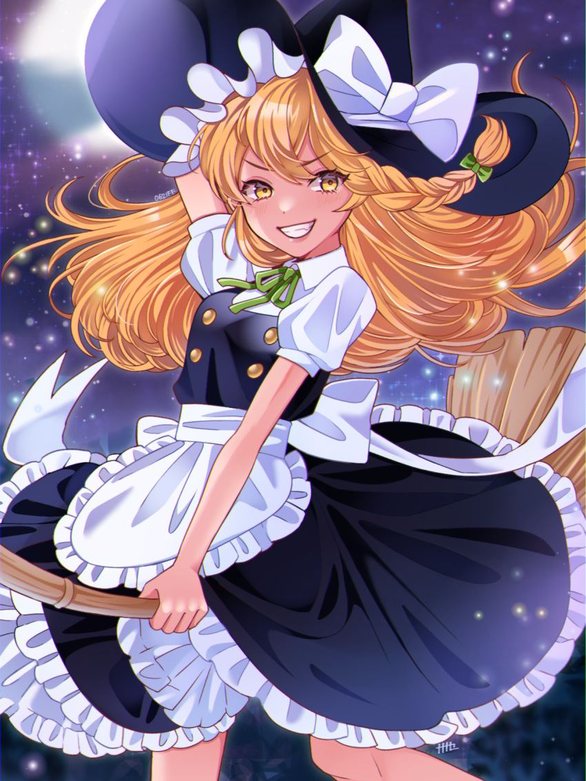 0621ff 1girl apron arm_behind_head back_bow bangs blonde_hair blush bow braid broom broom_riding collared_shirt dress flying grin hair_bow hat hat_bow highres kirisame_marisa long_hair moon neck_ribbon night night_sky petticoat pinafore_dress puffy_short_sleeves puffy_sleeves ribbon shirt short_sleeves side_braid sky smile solo star_(sky) starry_sky touhou v-shaped_eyebrows waist_apron witch witch_hat yellow_eyes