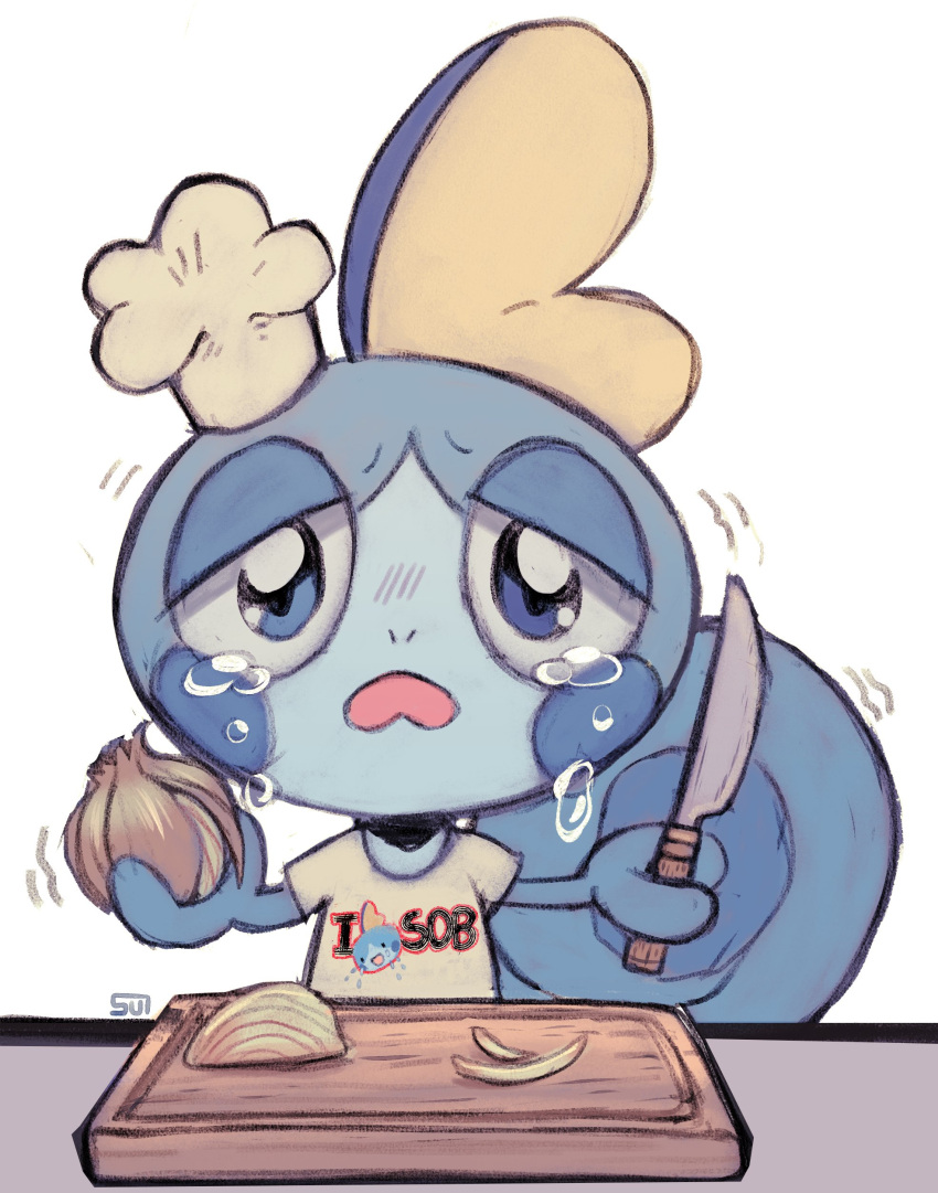 absurdres chef_hat clothed_pokemon crying cutting_board hat hatted_pokemon highres holding holding_knife knife no_humans onion pokemon pokemon_(creature) shirt short_sleeves simple_background sobble solo sui_(suizilla) tears trembling white_background white_shirt