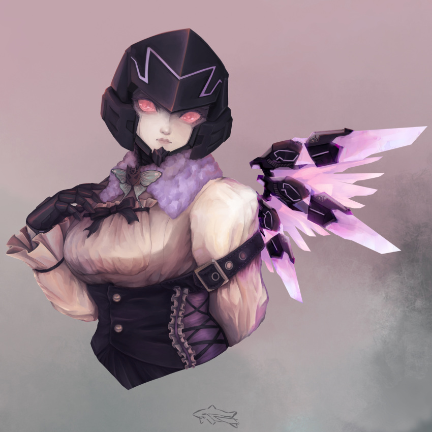 1girl black_bow black_corset bow breasts corset decepticon f15se_cathy genderswap genderswap_(mtf) head_tilt highres looking_at_viewer mecha mechanical_wings medium_breasts megatron megatron_(idw) pink_eyes shirt solo the_transformers_(idw) transformers upper_body white_shirt wings