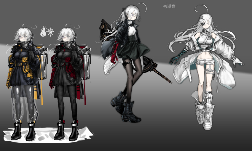 1girl :o ahoge asymmetrical_legwear black_footwear black_jacket black_legwear boots closed_mouth eyepatch green_skirt grey_eyes gun heterochromia high-waist_skirt highres holding holding_gun holding_weapon jacket looking_at_viewer mechanical_arms micro_shorts multiple_views narue original pale_skin pantyhose parted_lips prosthesis prosthetic_arm shirt shorts single_mechanical_arm skirt standing thigh_strap uneven_legwear violet_eyes weapon white_hair white_legwear white_shirt white_shorts