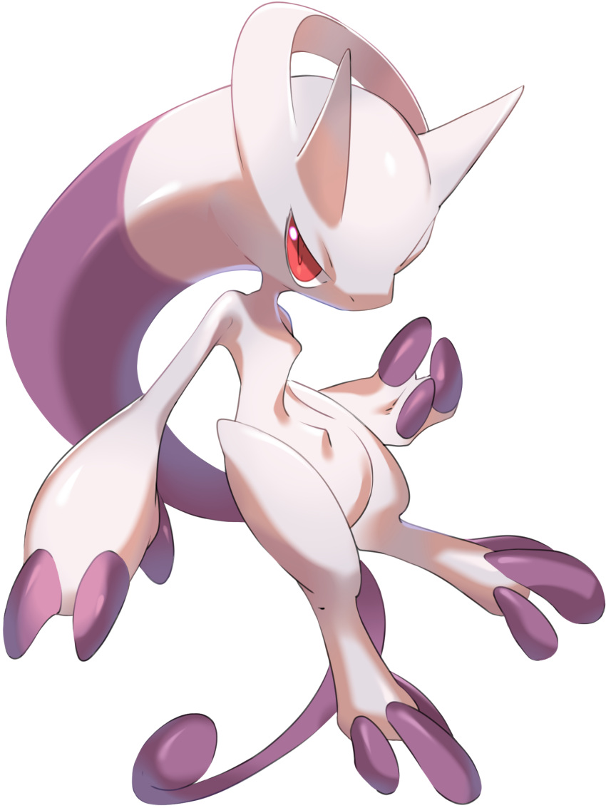 commentary_request full_body highres horns looking_at_viewer mega_mewtwo_y mega_pokemon mewtwo mian_(3zandora) no_humans pokemon pokemon_(creature) red_eyes shiny simple_background solo white_background
