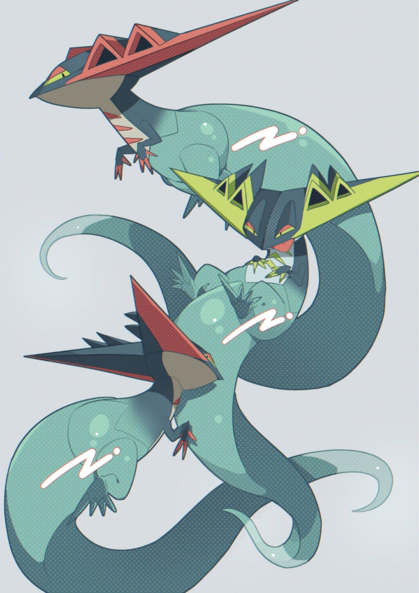 alternate_color claws commentary_request dragapult grey_background half-closed_eyes highres looking_back mo_(smileomoti) no_humans pokemon pokemon_(creature) shiny_pokemon simple_background tongue tongue_out yellow_eyes