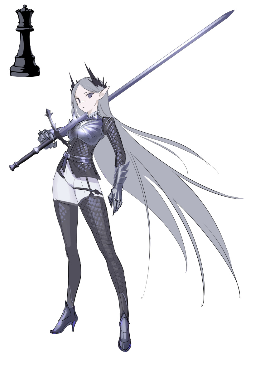 1girl absurdres armor breastplate chess_piece closed_mouth contrapposto crown full_body grey_hair high_heels highres holding holding_sword holding_weapon long_hair long_sword looking_at_viewer milim_nova original over_shoulder pants personification pointy_ears rook_(chess) simple_background solo standing sword thigh-highs very_long_hair violet_eyes weapon weapon_over_shoulder white_background white_pants zweihander