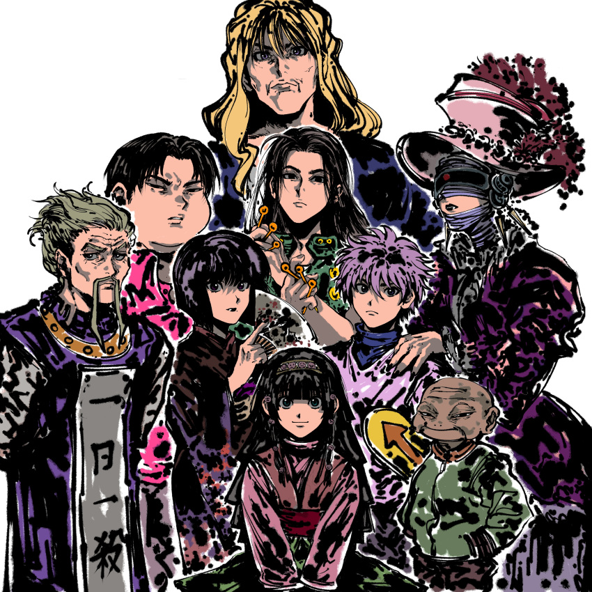 2girls 6+boys absurdres alluka_zoldyck bald bangs black_hair blonde_hair facial_hair grey_hair hand_on_another's_shoulder hat highres hunter_x_hunter illumi_zoldyck kalluto_zoldyck kikyou_zoldyck killua_zoldyck long_sleeves looking_at_viewer maha_zoldyck milluki_zoldyck multiple_boys multiple_girls mustache my_nameisyoon old old_man outline parted_bangs silva_zoldyck simple_background smile upper_body white_background white_outline zeno_zoldyck