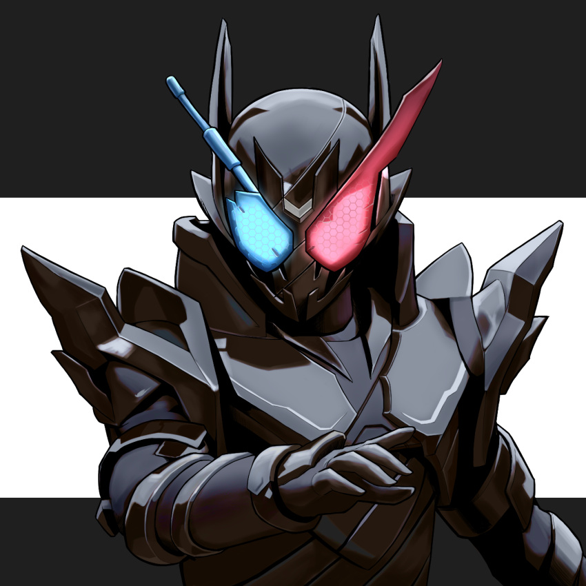 1boy armor black_armor black_background blue_eyes build_driver driver_(kamen_rider) fullbottle glowing glowing_eyes heterochromia highres kamen_rider kamen_rider_build kamen_rider_build_(series) rabbit+tank_form_(black_hazard) red_eyes rence rider_belt tokusatsu two-tone_background white_background