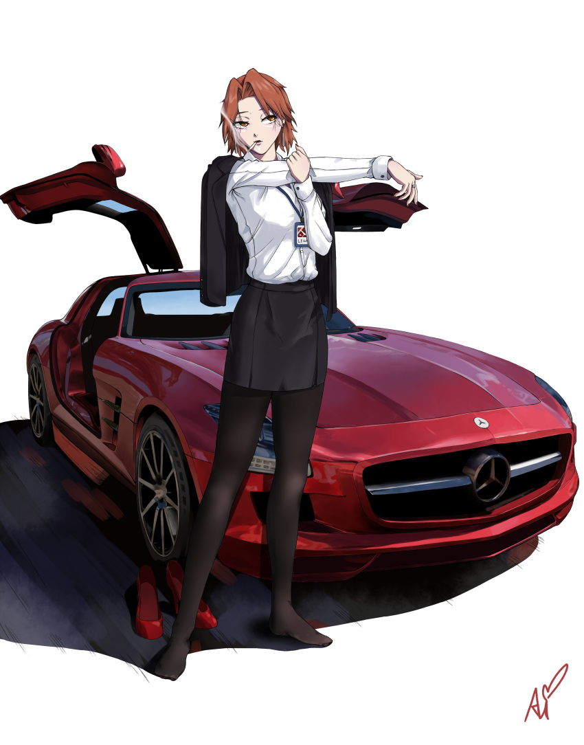 1girl absurdres artist_request black_legwear brown_hair car character_request cigarette dota_(series) dota_2 ground_vehicle gullwing_doors highres long_sleeves mercedes-benz motor_vehicle pantyhose pencil_skirt red_footwear shirt shoes shoes_removed short_hair skirt smoking solo standing white_shirt