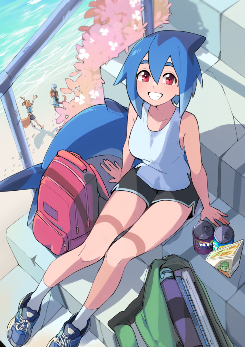 3girls absurdres azuumori backpack bag beach black_shorts blue_footwear blue_hair blush can footprints full_body highres looking_at_viewer multiple_girls original parted_lips red_bag red_eyes shadow shark_girl_(azuumori) shark_tail shirt shoes shorts sitting sleeveless sleeveless_shirt smile solo_focus tail tank_top water white_tank_top