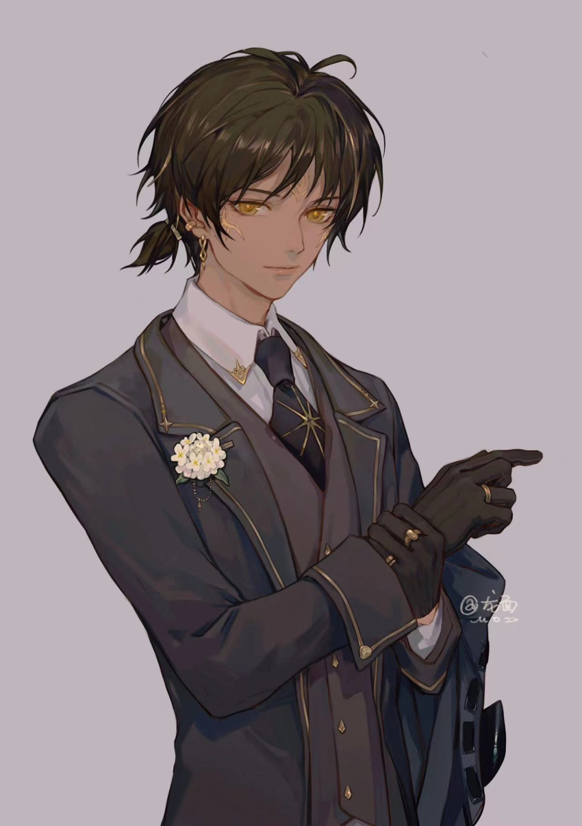 1boy arknights bangs black_coat black_gloves black_hair black_necktie brown_eyes closed_mouth coat collared_shirt ear_piercing formal gloves grey_background hand_on_own_arm highres jewelry long_sleeves longmianbushilongxumian looking_at_viewer male_focus multiple_rings necktie open_clothes open_coat piercing ring shirt short_hair short_ponytail signature simple_background smile solo suit thorns_(arknights) upper_body white_shirt