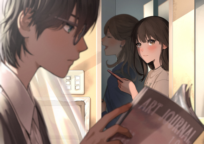 1boy 2girls absurdres blush brown_eyes brown_hair closed_eyes day earrings glasses highres holding holding_phone indoors jewelry light_switch long_hair looking_at_another macaronk magazine_(object) multiple_girls original phone reading