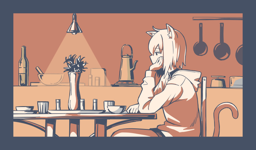 1girl absurdres animal_ears bottle bowl cat_ears cat_girl cat_tail chun_1234567 collar cup frying_pan highres hololive hood hoodie monochrome nekomata_okayu plant potted_plant short_hair sitting solo stove tail teapot vase virtual_youtuber