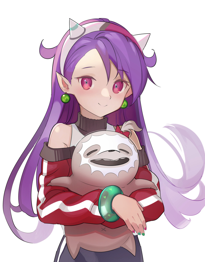 1girl absurdres closed_mouth copyright_request creature earrings fake_horns floating_hair hairband highres holding horns jewelry long_hair looking_at_viewer milim_nova pointy_ears purple_hair red_eyes simple_background smile solo very_long_hair white_background