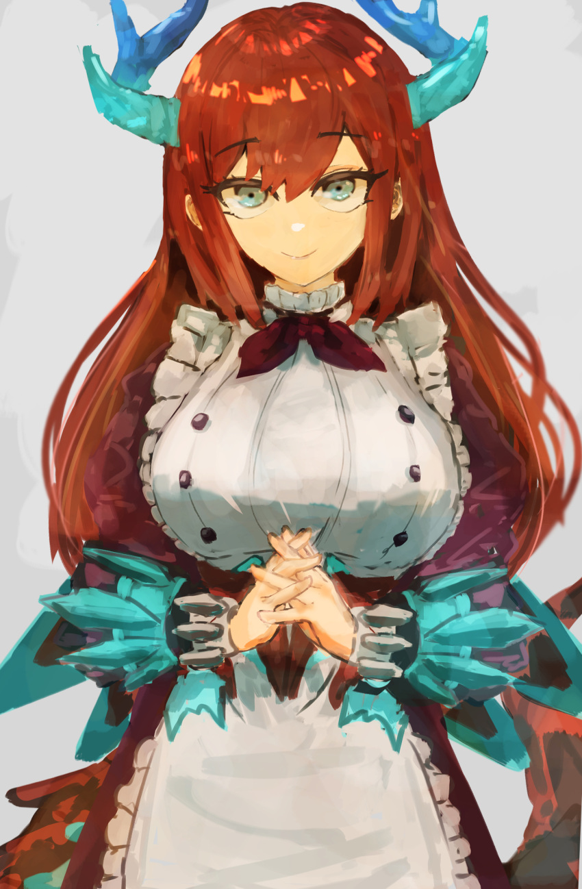1girl adeshi_(adeshi0693119) apron bangs blue_eyes bow bowtie breasts dragon_girl dragon_horns dragon_tail dress duel_monster eyebrows_visible_through_hair hair_between_eyes highres horns interlocked_fingers kitchen_dragonmaid large_breasts long_hair long_sleeves own_hands_together red_bow redhead solo tail yu-gi-oh!