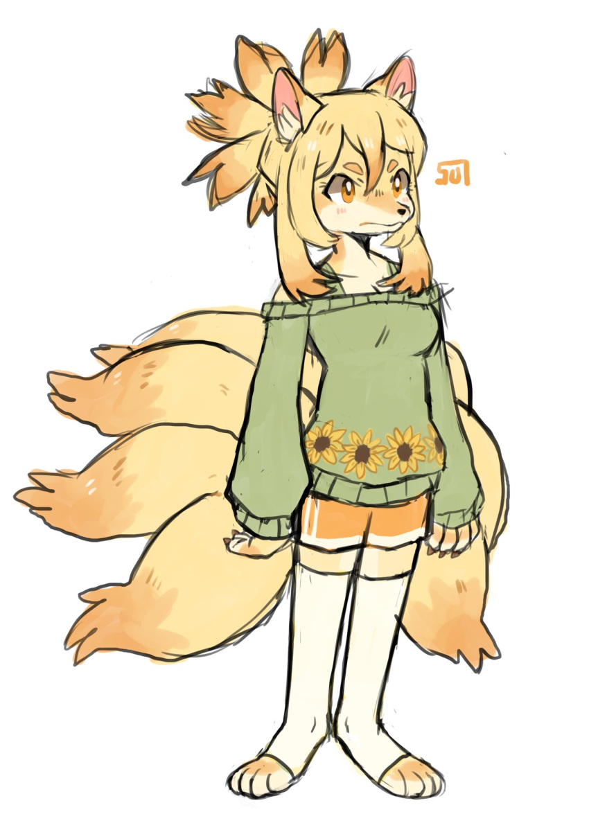 1girl animal_ears blonde_hair closed_mouth fox_ears fox_tail full_body furry furry_female green_sweater highres long_sleeves multiple_tails orange_eyes orange_shorts original ponytail short_shorts shorts signature simple_background solo standing sui_(suizilla) sweater tail thigh-highs toeless_legwear white_background white_legwear