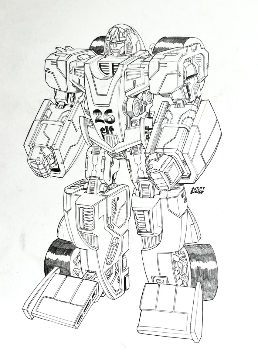 autobot clenched_hands don_allan_figueroa english_commentary greyscale highres looking_ahead mecha mirage_(transformers) monochrome no_humans science_fiction solo standing transformers wheel