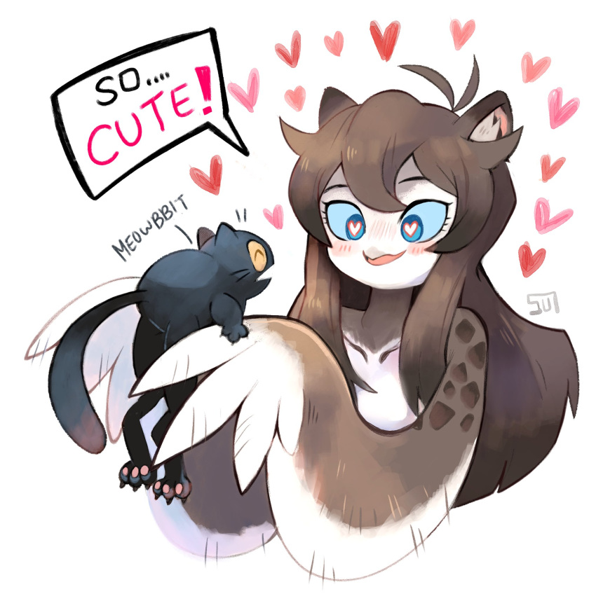 :d animal_ears antenna_hair blue_eyes blue_sclera brown_hair colored_sclera creature english_text eulette_(sui_(suizilla)) furry furry_female harpy heart heart-shaped_pupils highres holding holding_creature long_hair monster_girl original parted_lips signature simple_background smile sui_(suizilla) symbol-shaped_pupils white_background winged_arms wings