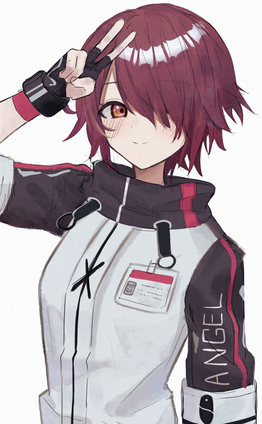 1girl arknights arm_up blush closed_mouth clothes_writing exusiai_(arknights) eyebrows_visible_through_hair hair_over_one_eye high_collar highres id_card issei_draw jacket looking_at_viewer orange_eyes purple_hair red_eyes short_hair simple_background smile solo upper_body v white_background white_jacket